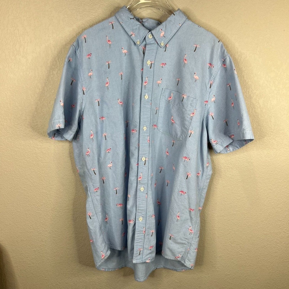 American Eagle Mens‎ Button Down Shirt Size XL Blue Flamingo Short Sleeve Oxford